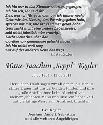Traueranzeige von Hans-Joachim Kegler von Super Sonntag Zeitz