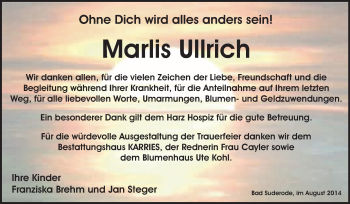 Traueranzeige von Marlis Ullrich von WVG - Wochenspiegel Quedlinburg
