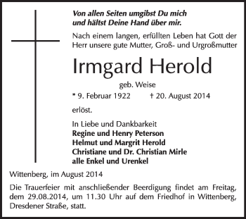 Traueranzeige von Irmgard Herold von WVG - Wochenspiegel Wittenberg