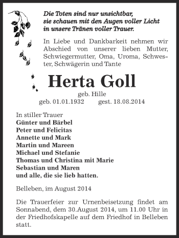 Traueranzeige von Herta Goll von Super Sonntag Bernburg