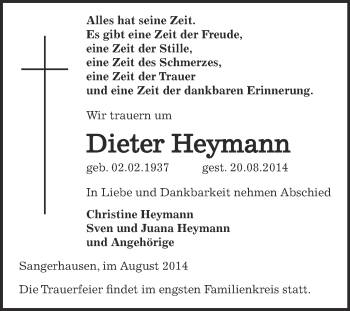 Traueranzeige von Dieter Heymann von WVG - Wochenspiegel SGH