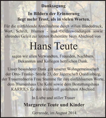 Traueranzeige von Hans Teute von WVG - Wochenspiegel Quedlinburg