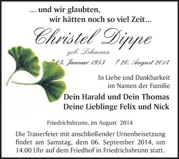 Traueranzeige von Christel Dippe von WVG - Wochenspiegel Quedlinburg