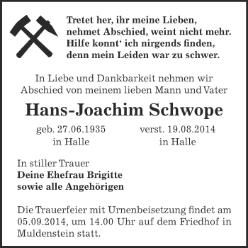 Traueranzeige von Hans-Joachim Schwope von WVG - Wochenspiegel Bitterfeld