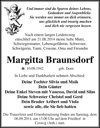 Traueranzeige von Margitta Braunsdorf von Super Sonntag Dessau / Köthen