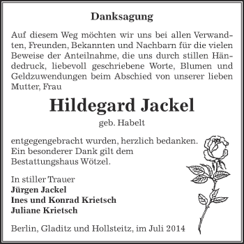 Traueranzeige von Hildegard Jackel von Super Sonntag Zeitz