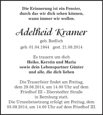 Traueranzeige von Adelheid Kramer von Super Sonntag Bernburg