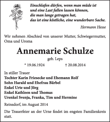 Traueranzeige von Annemarie Schulze von Super Sonntag Wittenberg