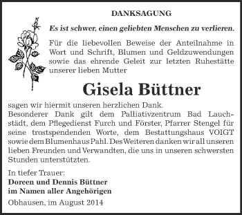 Traueranzeige von Gisela Büttner von Wochenspiegel Mansfelder Land