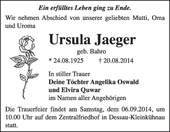 Traueranzeige von Ursula Jaeger von Super Sonntag Dessau / Köthen