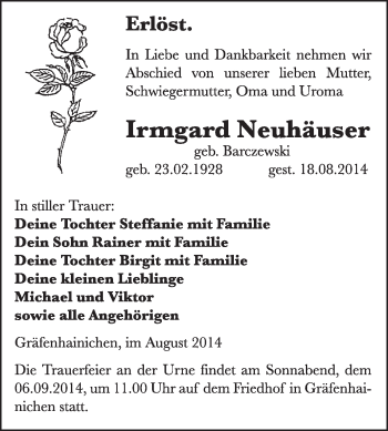Traueranzeige von Irmgard Neuhäuser von WVG - Wochenspiegel Wittenberg