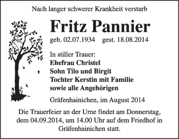 Traueranzeige von Fritz Pannier von WVG - Wochenspiegel Wittenberg