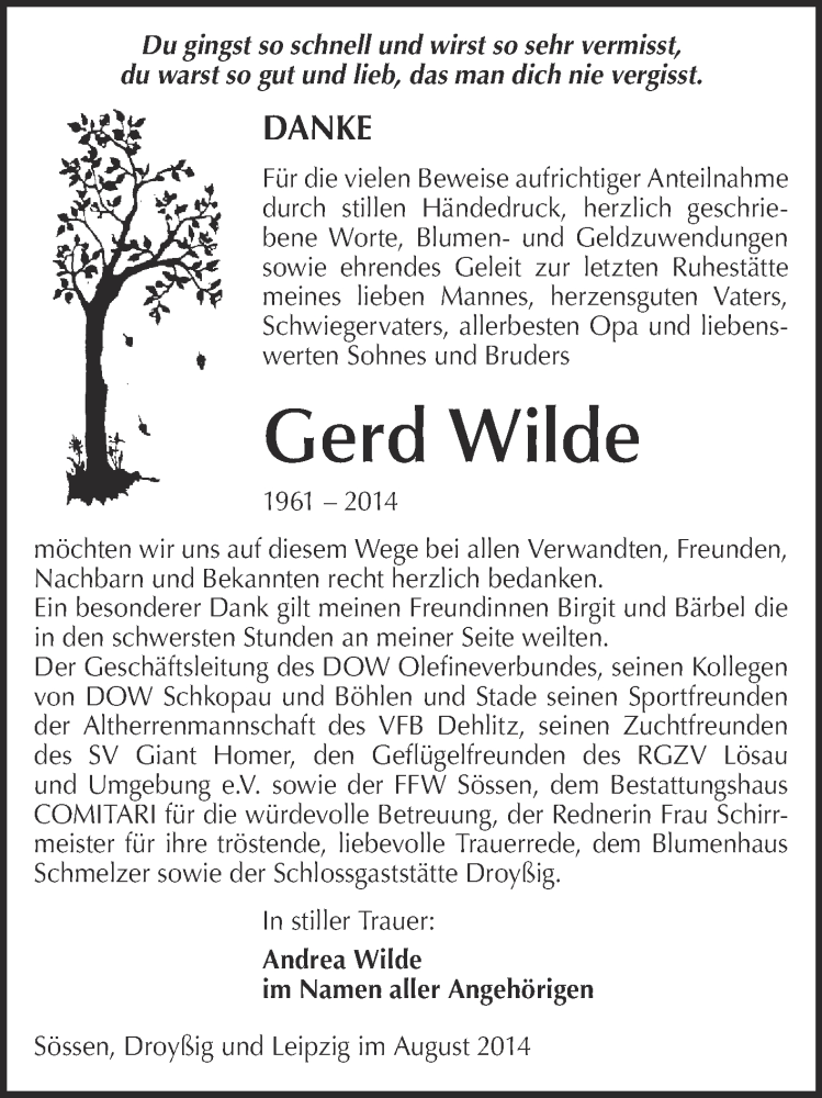  Traueranzeige für Gerd Wilde vom 27.08.2014 aus WVG - Wochenspiegel NMB / WSF / ZTZ