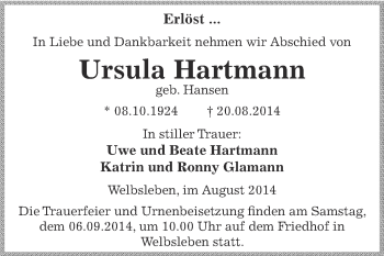 Traueranzeige von Ursula Hartmann von Wochenspiegel Mansfelder Land