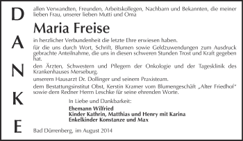 Traueranzeige von Maria Freise von Super Sonntag Merseburg