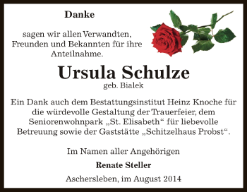 Traueranzeige von Ursula Schulze von WVG - Wochenspiegel Aschersleben