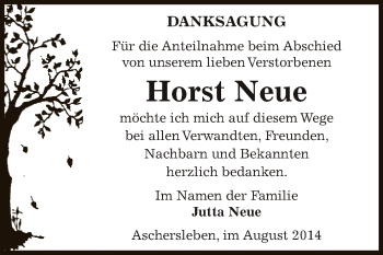 Traueranzeige von Horst Neue von WVG - Wochenspiegel Aschersleben