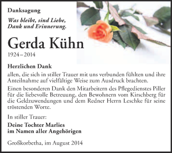 Traueranzeige von Gerda Kühn von WVG - Wochenspiegel NMB / WSF / ZTZ