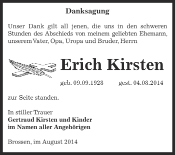 Traueranzeige von Erich Kirsten von Super Sonntag Zeitz