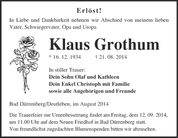 Traueranzeige von Klaus Grothum von Super Sonntag Merseburg