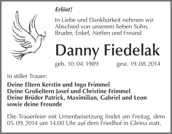 Traueranzeige von Danny Fiedelak von WVG - Wochenspiegel NMB / WSF / ZTZ