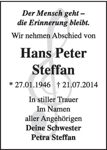 Traueranzeige von Hans Peter Steffan von Super Sonntag Dessau / Köthen