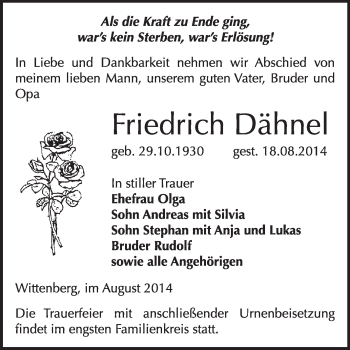 Traueranzeige von Friedrich Dähnel von WVG - Wochenspiegel Wittenberg