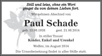 Traueranzeige von Paul Schade von WVG - Wochenspiegel Bitterfeld