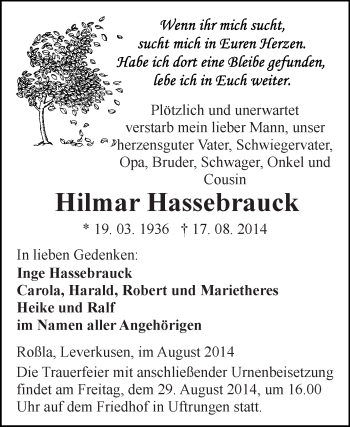 Traueranzeige von Hamar Hassebrauck von WVG - Wochenspiegel SGH