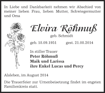 Traueranzeige von Elvia Röhmuß von WVG - Wochenspiegel Aschersleben