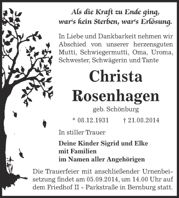 Traueranzeige von Christa Rosenhagen von Super Sonntag Bernburg