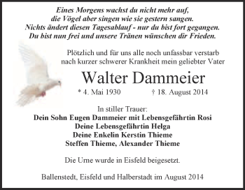 Traueranzeige von Walter Dammeier von Super Sonntag Quedlinburg