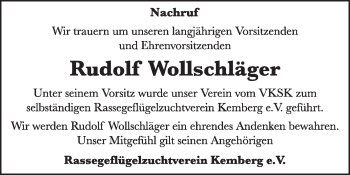 Traueranzeige von Rudolf Wollschläger von Super Sonntag Wittenberg