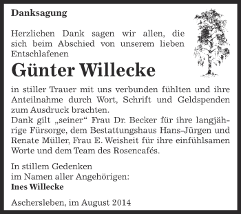 Traueranzeige von Günter Willecke von WVG - Wochenspiegel Aschersleben