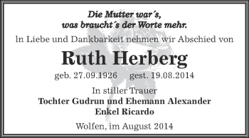 Traueranzeige von Ruth Herberg von WVG - Wochenspiegel Bitterfeld