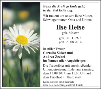 Traueranzeige von Ilse Heise von Super Sonntag Quedlinburg