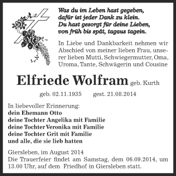 Traueranzeige von Elfriede Wolfram von WVG - Wochenspiegel Aschersleben