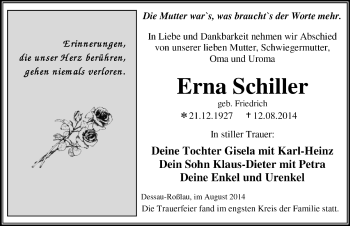 Traueranzeige von Erna Schiller von Super Sonntag Dessau / Köthen