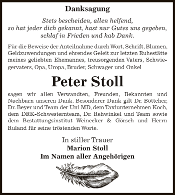 Traueranzeige von Peter Stoll von Super Sonntag Bernburg