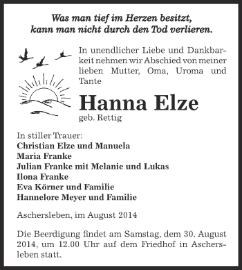 Traueranzeige von Hanna Elze von WVG - Wochenspiegel Aschersleben