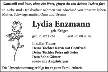 Traueranzeige von Lydia Enzmann von Super Sonntag Wittenberg