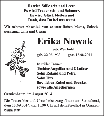 Traueranzeige von Erika Nowak von WVG - Wochenspiegel Wittenberg