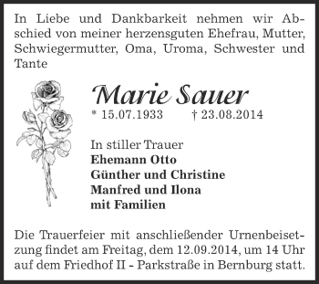 Traueranzeige von Marie Sauer von Super Sonntag Bernburg