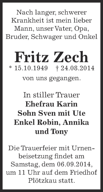 Traueranzeige von Fritz Zech von Super Sonntag Bernburg
