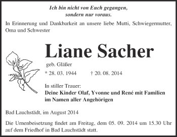 Traueranzeige von Liane Sacher von WVG - Wochenspiegel Merseburg