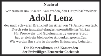 Traueranzeige von Adolf Lenz von WVG - Wochenspiegel Aschersleben