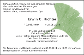 Traueranzeige von Erwin C. Richter von Super Sonntag Dessau / Köthen