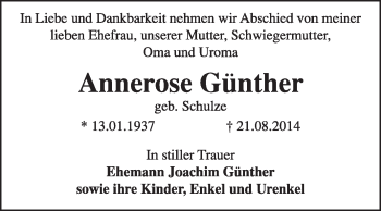 Traueranzeige von Annerose Günther von Super Sonntag Dessau / Köthen