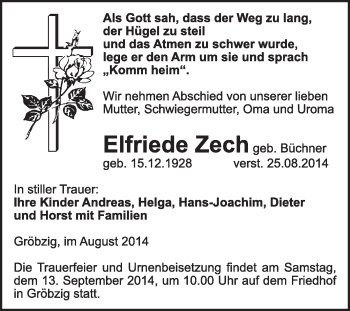 Traueranzeige von Elfriede Zech von Super Sonntag Dessau / Köthen