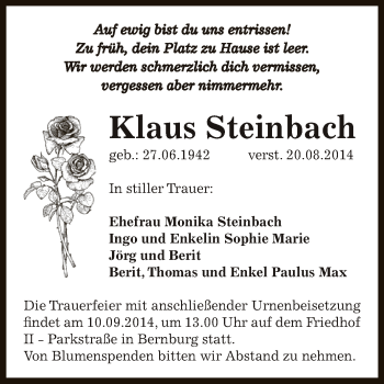 Traueranzeige von Klaus Steinbach von Super Sonntag Bernburg